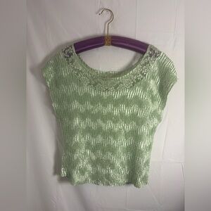 Y2K Sage Green Crinkle Lace Ethereal Short Sleeve Fairy Blouse Women's Size XXL